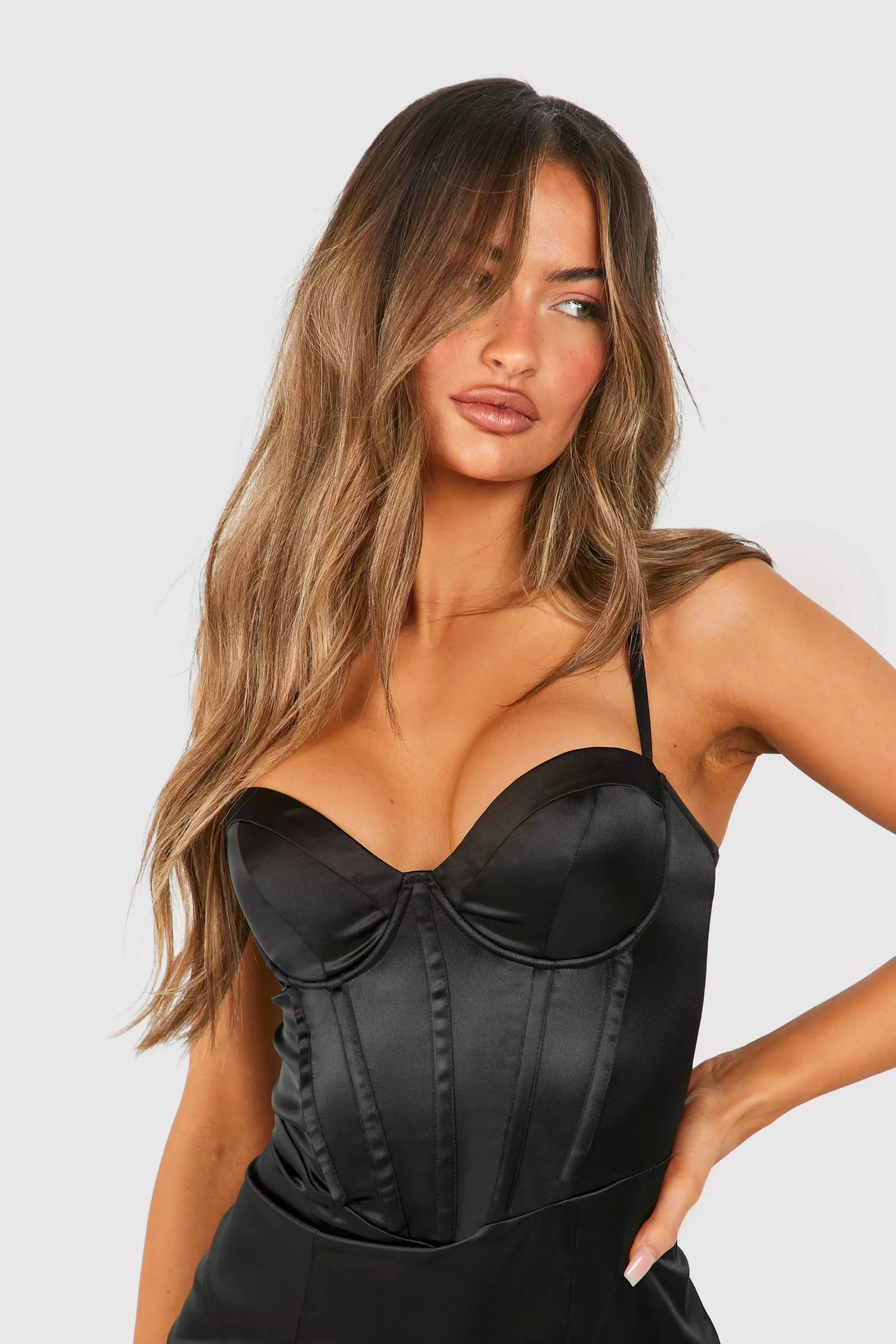 Black Satin Corset Strappy Maxi Dress alternative image