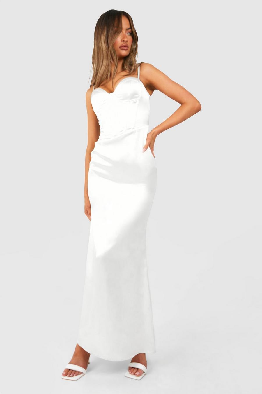 White blanc Satin Corset Strappy Maxi Dress