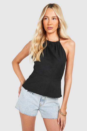 Tall Halter Linen Look Smock Top black