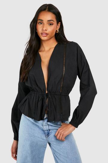 Tall Tie Front Poplin Shirt black