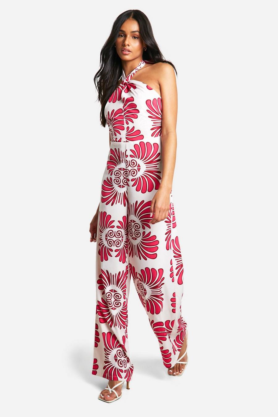 Red Tall Hawaiian Printed Halter Jumpsuit