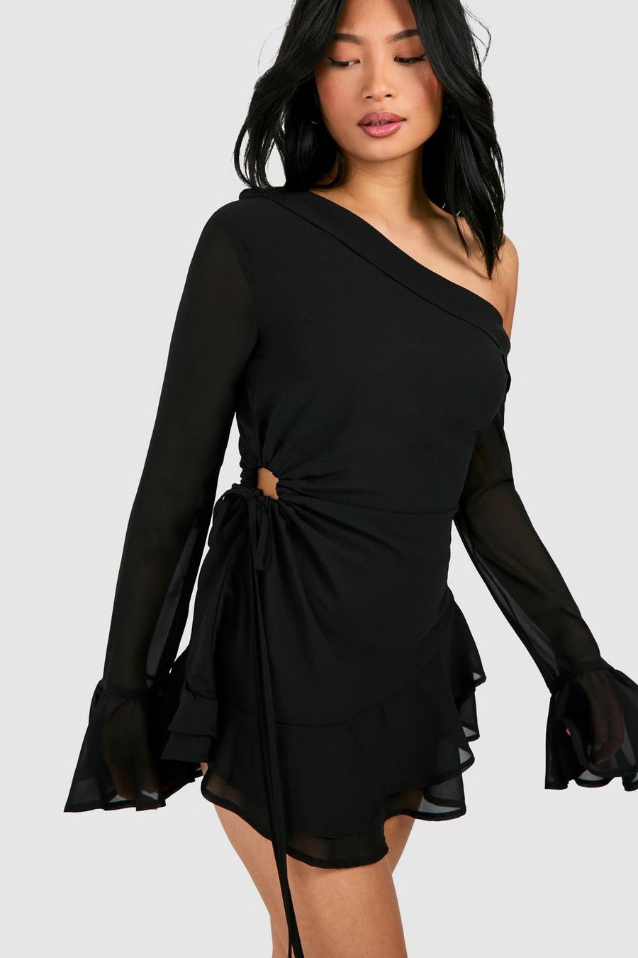 Black Petite Bardot Chiffon Long Sleeve Mini Dress