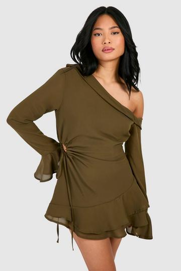Petite Bardot Chiffon Long Sleeve Mini Dress olive