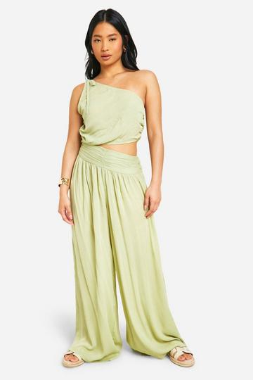 Petite Wide Leg Jumpsuit Met Eén Blote Schouder khaki