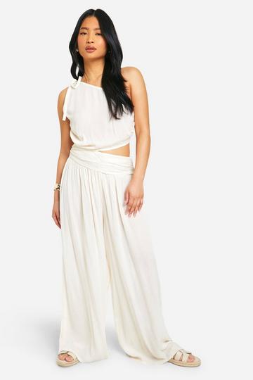 Stone Beige Petite One Shoulder Wide Leg Jumpsuit