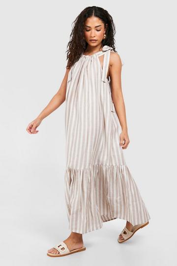 Stone Beige Petite Linen Stripe Midi Dress