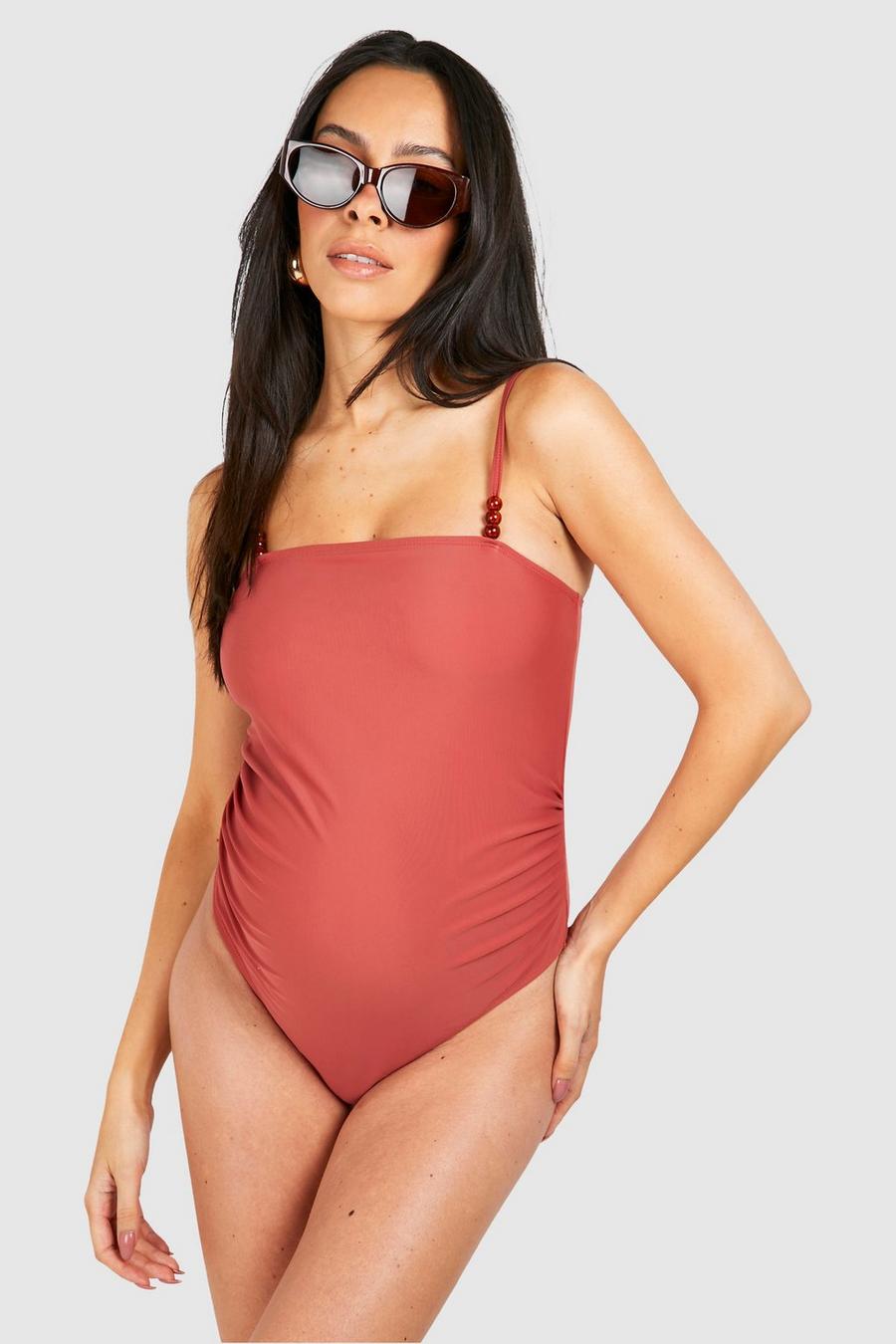 Terracotta Maternity Bead Detail Strappy Swimsuit image number 1