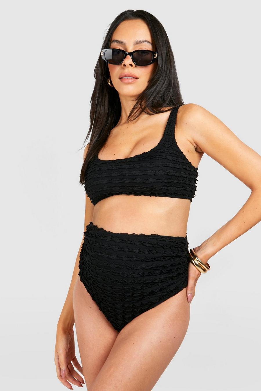 Black Maternity Textured Ruffle High Waist Bikini Set image number 1