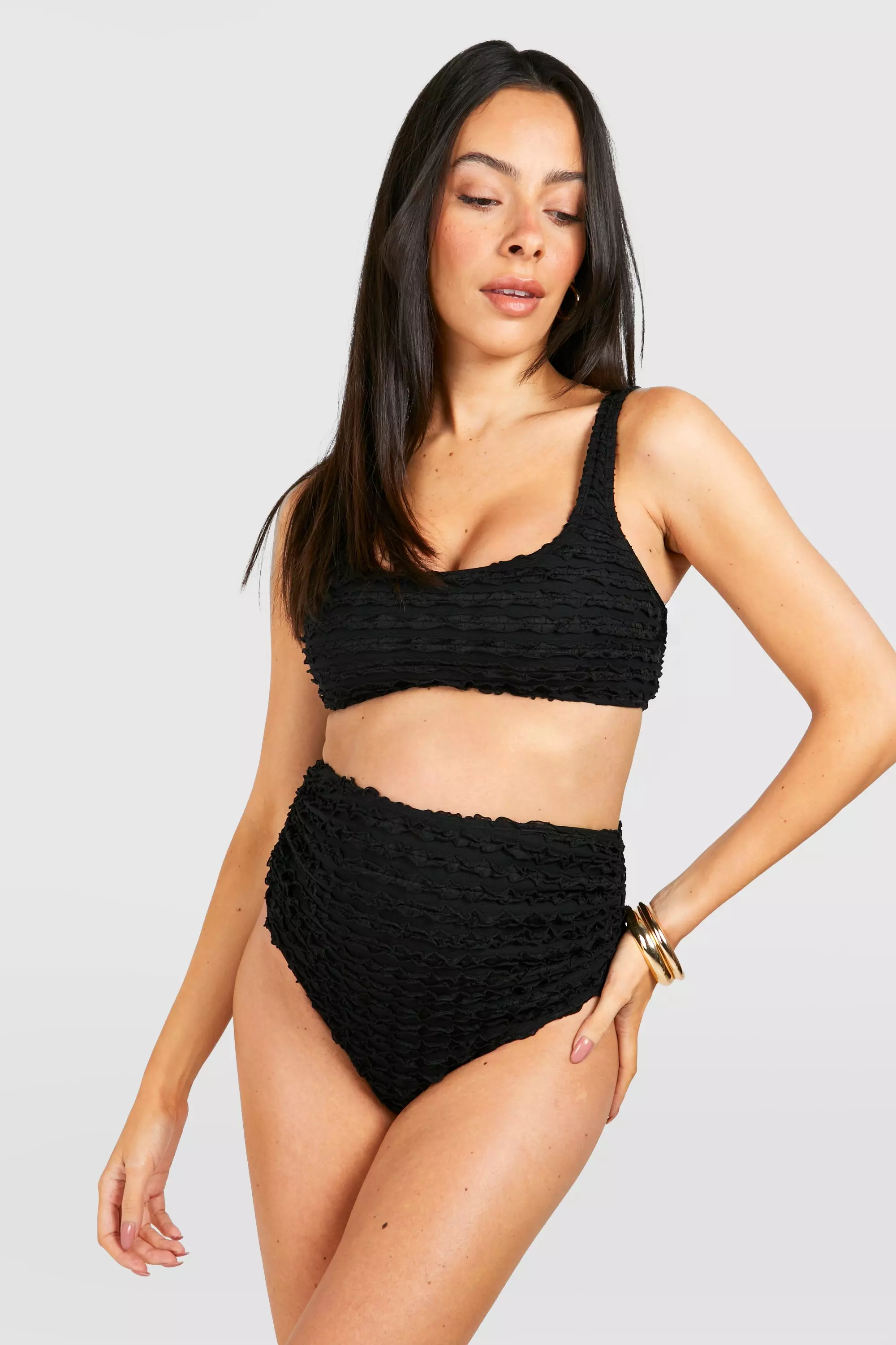 Black Maternity Textured Ruffle High Waist Bikini Set alternative image