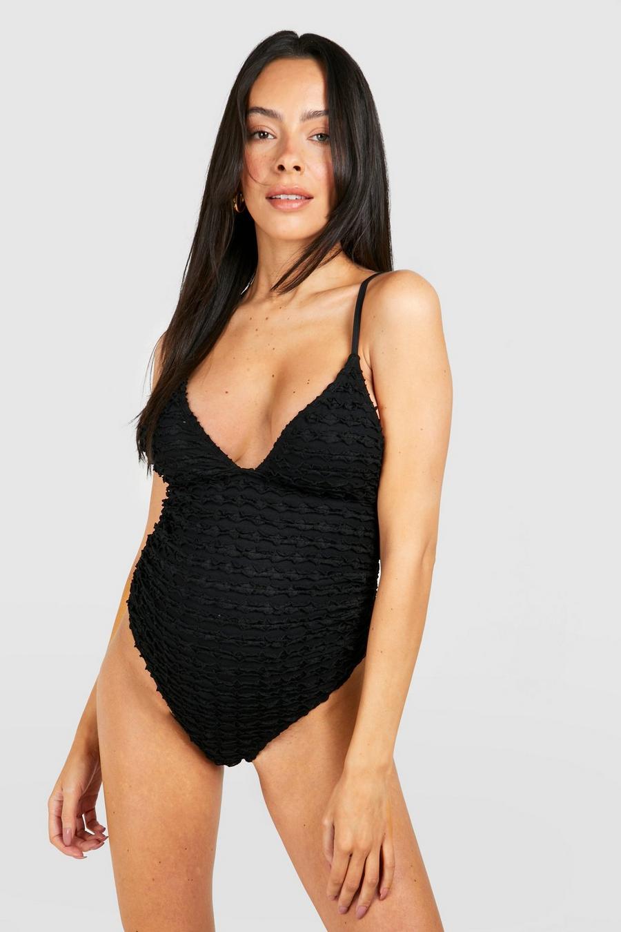 Black Maternity Textured Ruffle Plunge Swimsuit image number 1