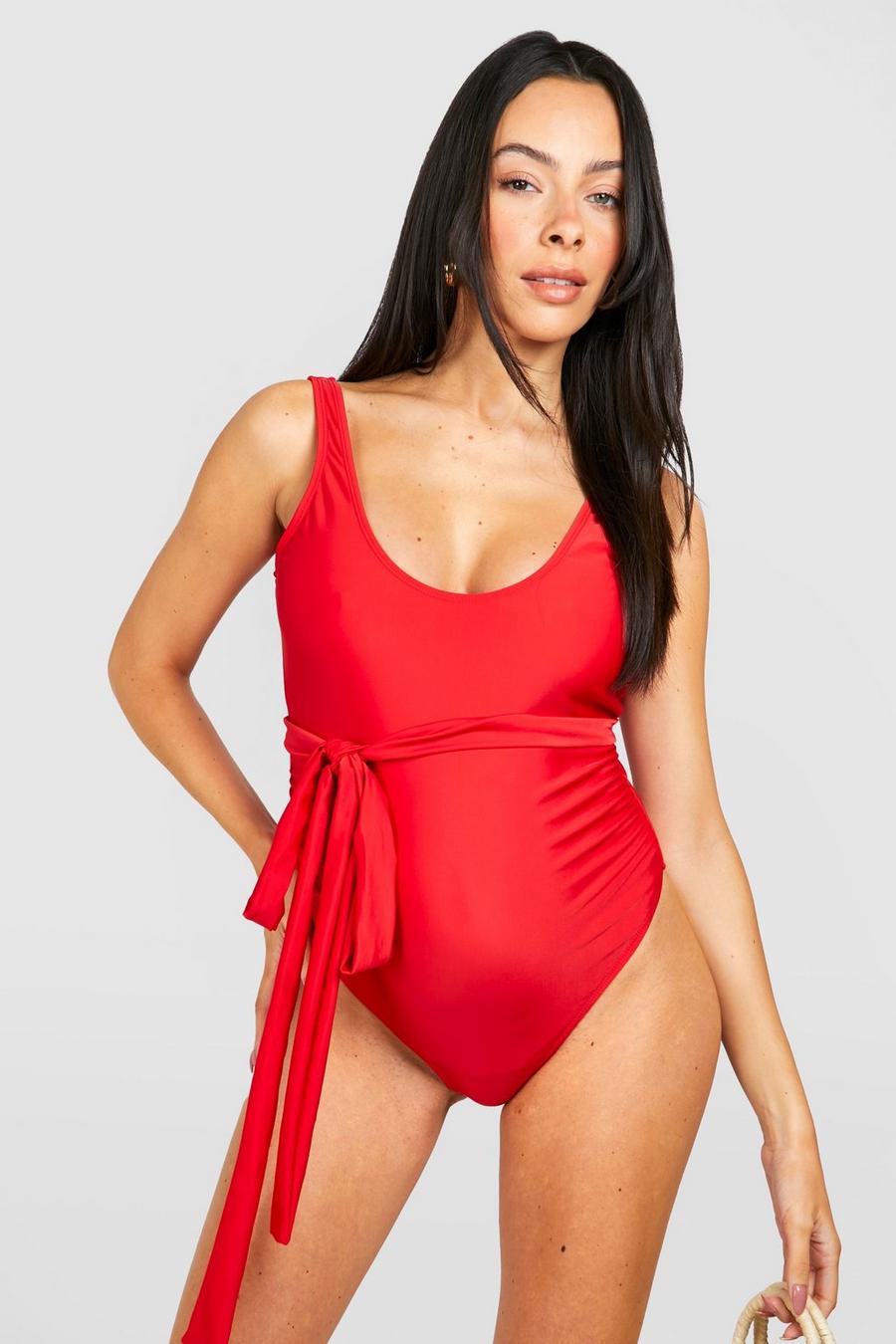 Red Maternity Belted Scoop Swimsuit image number 1