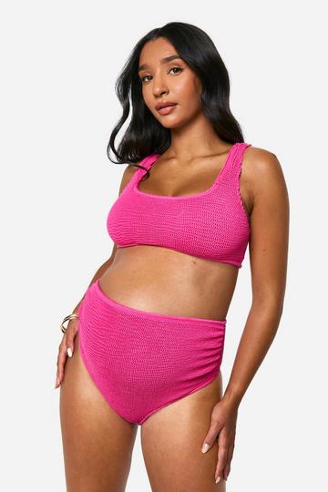 Maternity Crinkle Scoop Neck High Waisted Bikini Set fuchsia