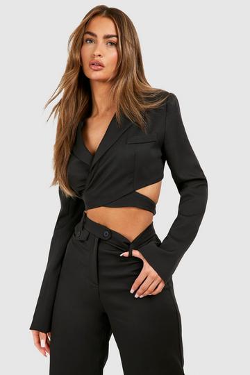 Black Lace Up Back Wrap Waist Crop Blazer