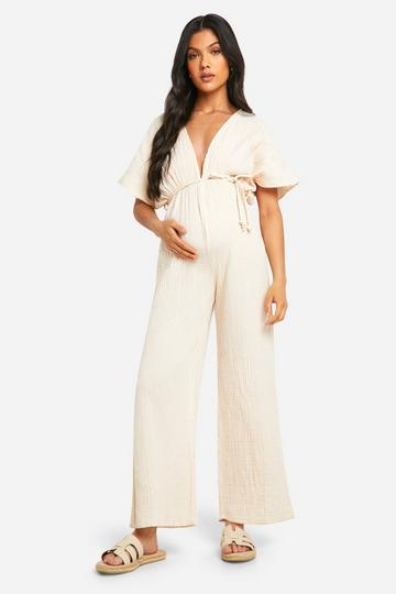 Stone Beige Maternity Rope Belted Wide Leg Jumpsuit