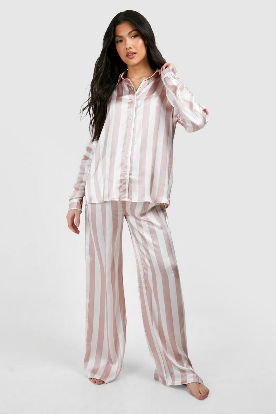 Pijama Premamá de raso con pantalón largo y estampado de rayas, Light pink image number 1