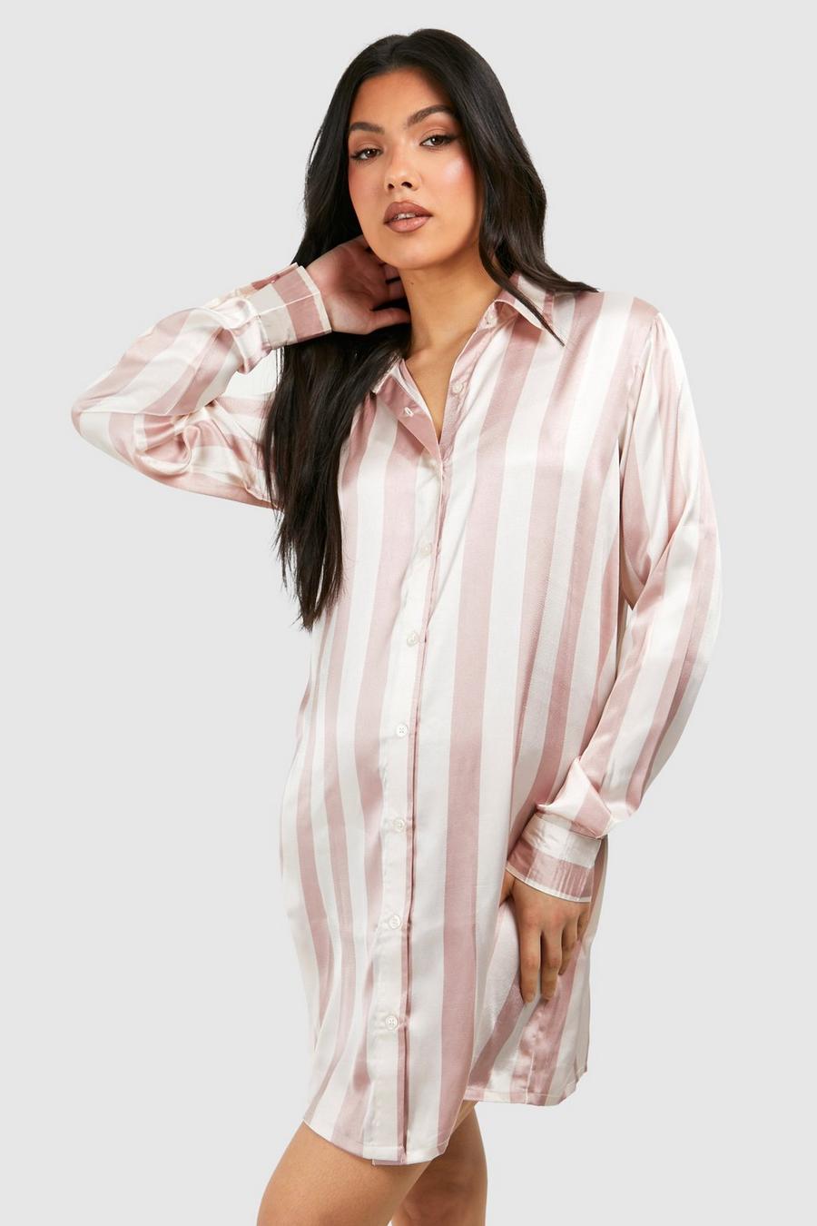 Light pink Maternity Satin Stripe Night Shirt image number 1