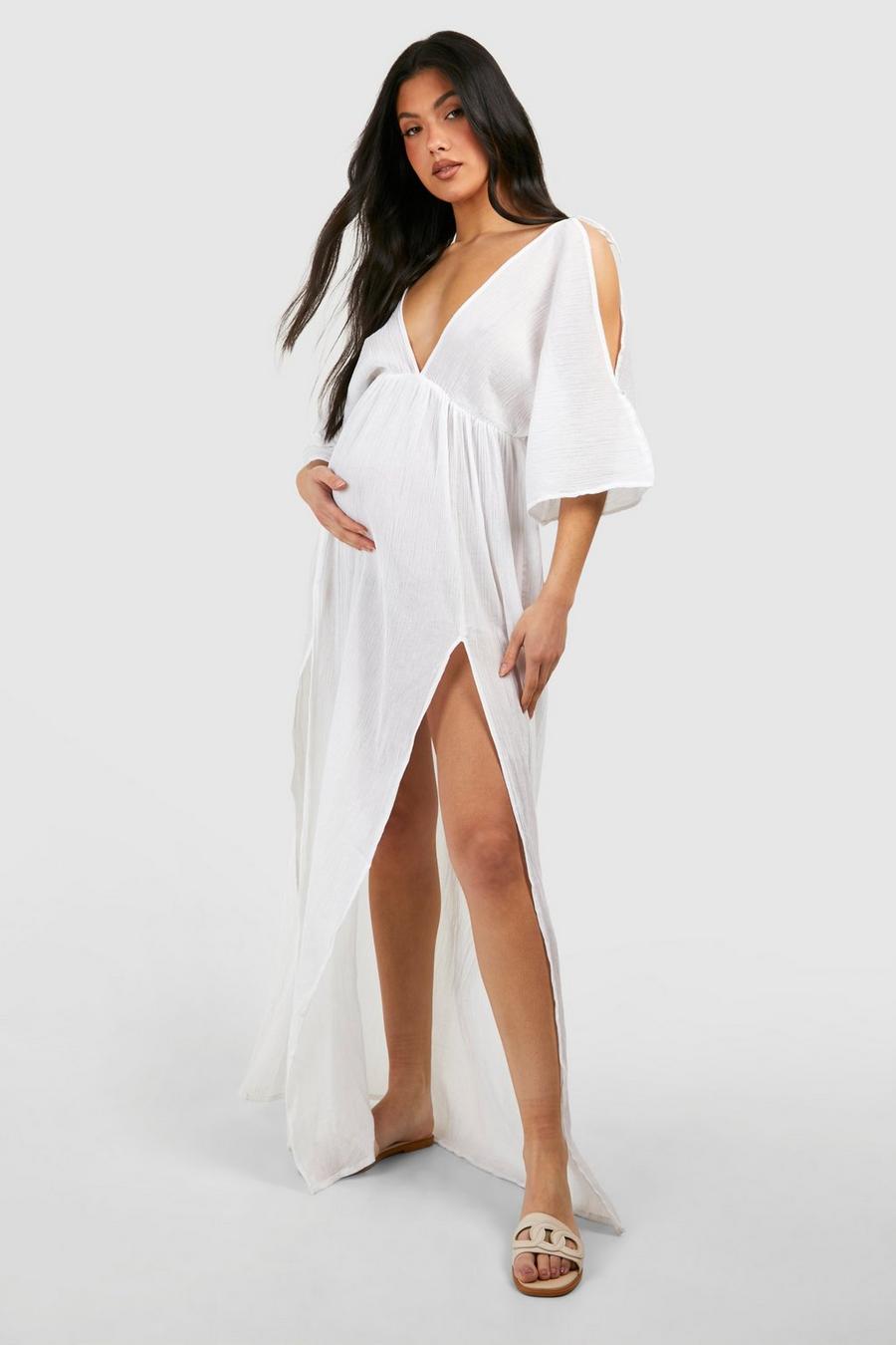 Cream Maternity Crinkle Cold Shoulder Beach Cover Up image number 1