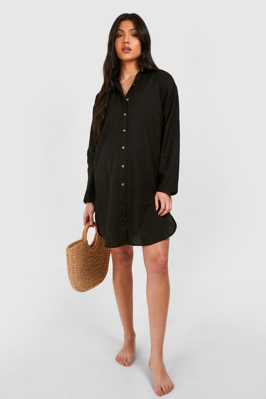 Black Maternity Linen Button Down Beach Shirt Dress