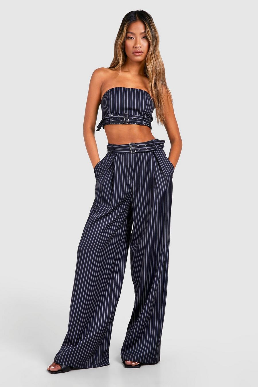 Black Pinstripe Double Buckle Wide Leg Trouser image number 1
