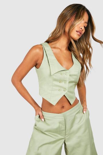 Sage Green Lapel Detail Fitted Crop Waistcoat