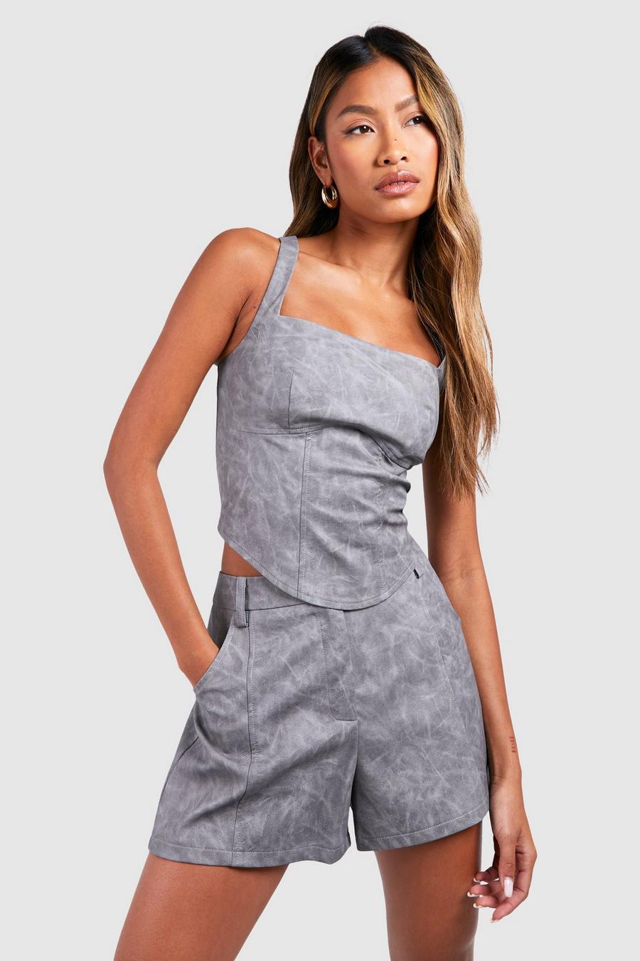 Grey Washed Leather Look Longline Corset