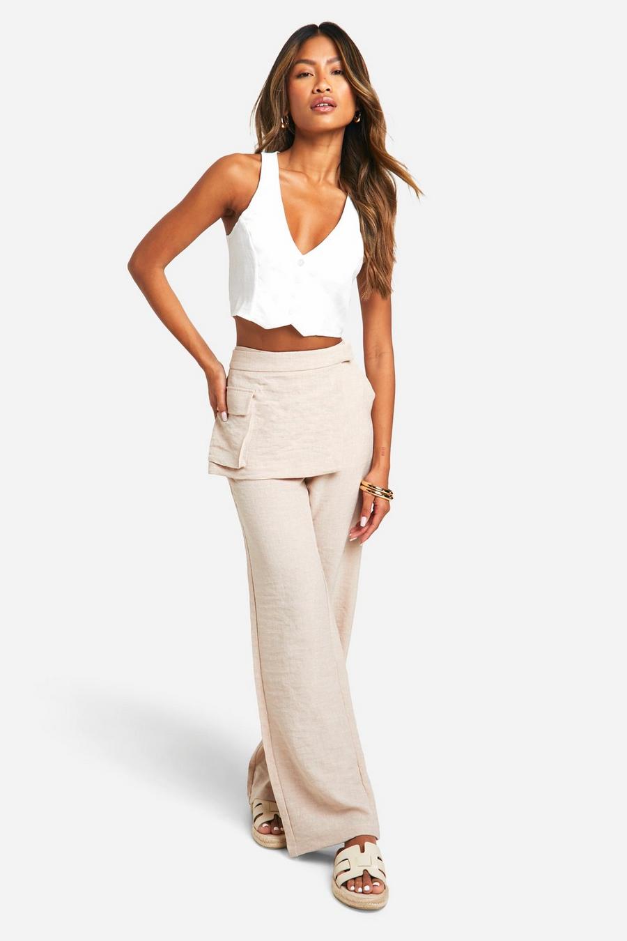 Pantalón de pernera recta texturizado con falda superpuesta, Light beige image number 1