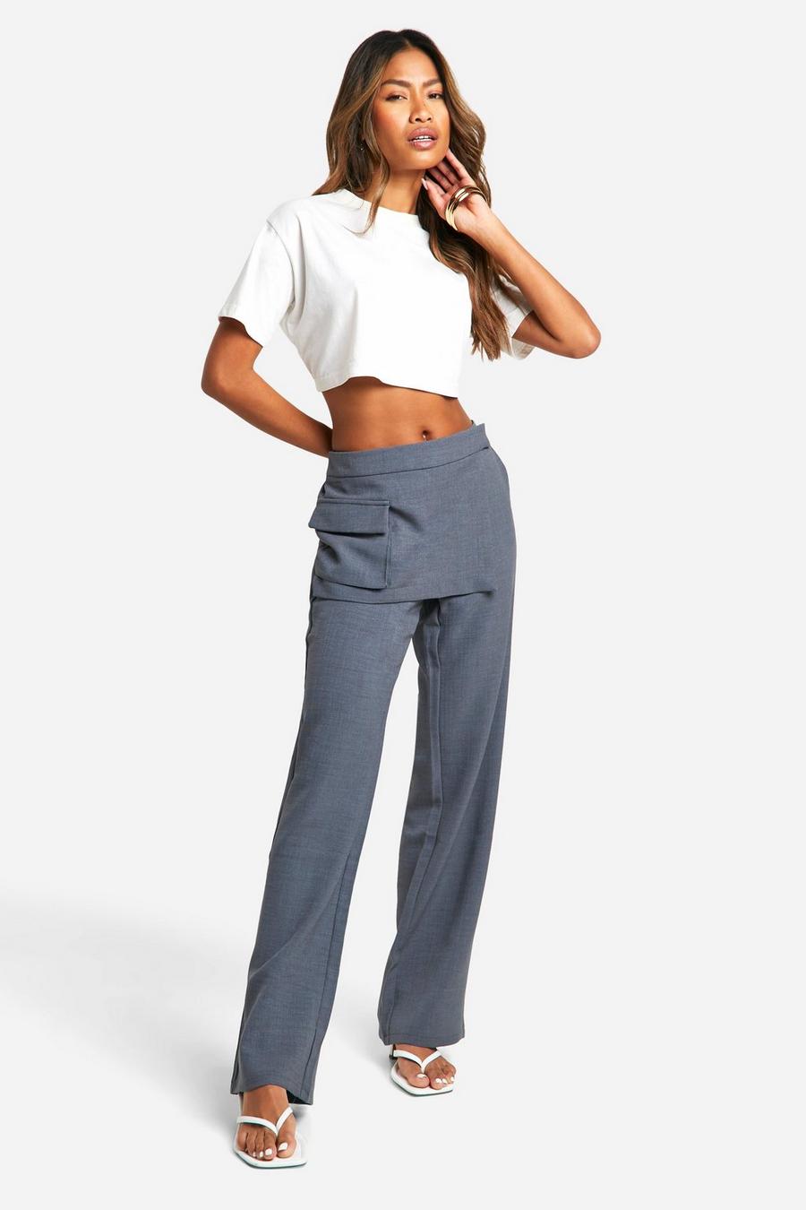 Light grey Textured Straight Leg Pants With Skirt Overlay image number 1