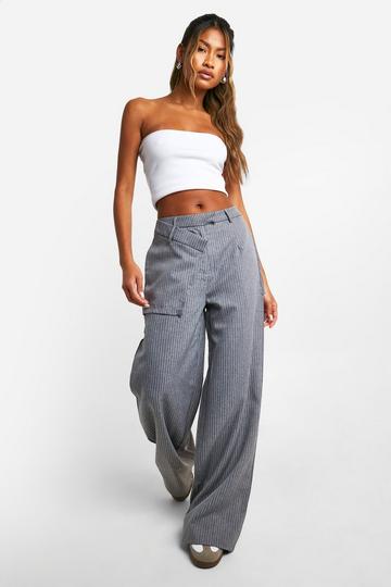 Waist Detail Textured Wide Leg Trouser grey