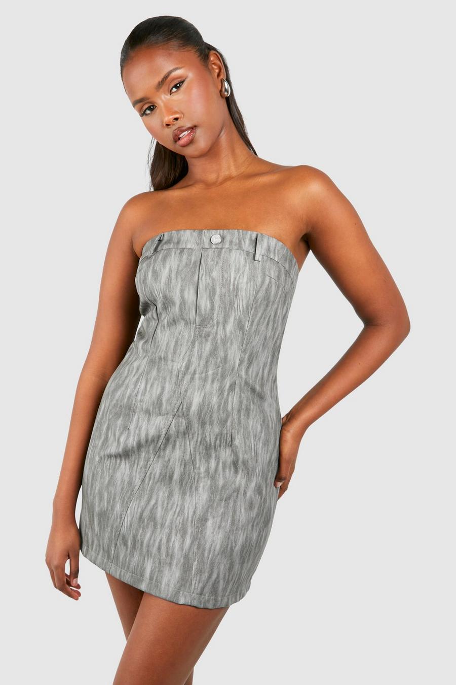 Grey Washed Leather Look Bandeau Mini Dress image number 1
