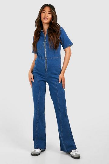 Zip Through Denim Boilersuit mid blue