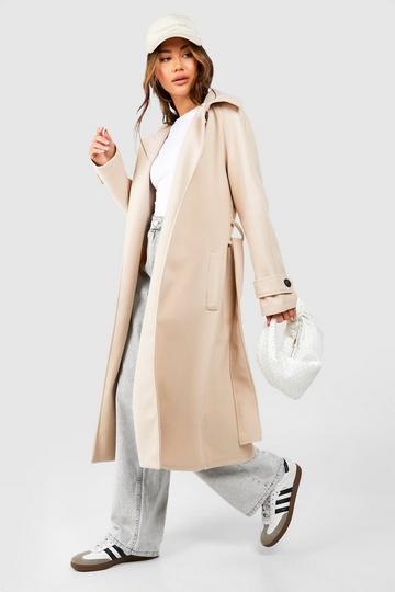 Stone Beige Collared Belted Wool Look Coat