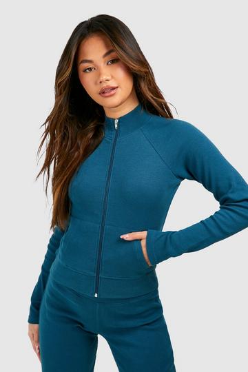 Teal Green Ribbed High Neck Zip Through Jacket