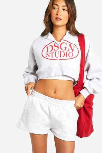 Dsgn Studio Oval Slogan Zip Through Hooded Short Tracksuit ash grey