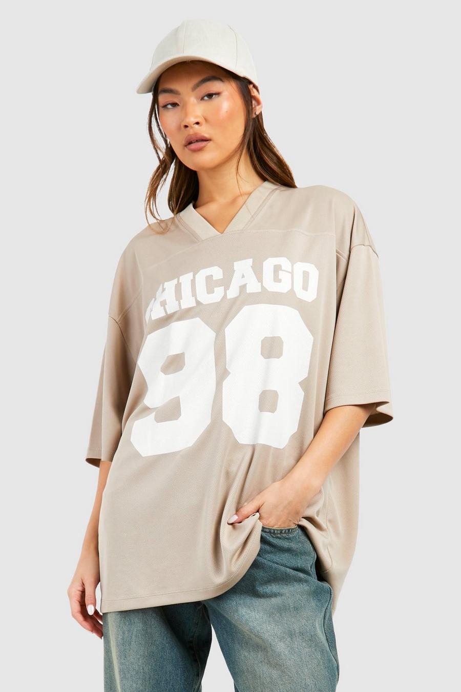 T-shirt oversize in rete Airtex con slogan Chicago 98, Stone