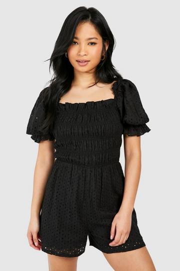 Petite Broderie Puff Sleeve Playsuit black