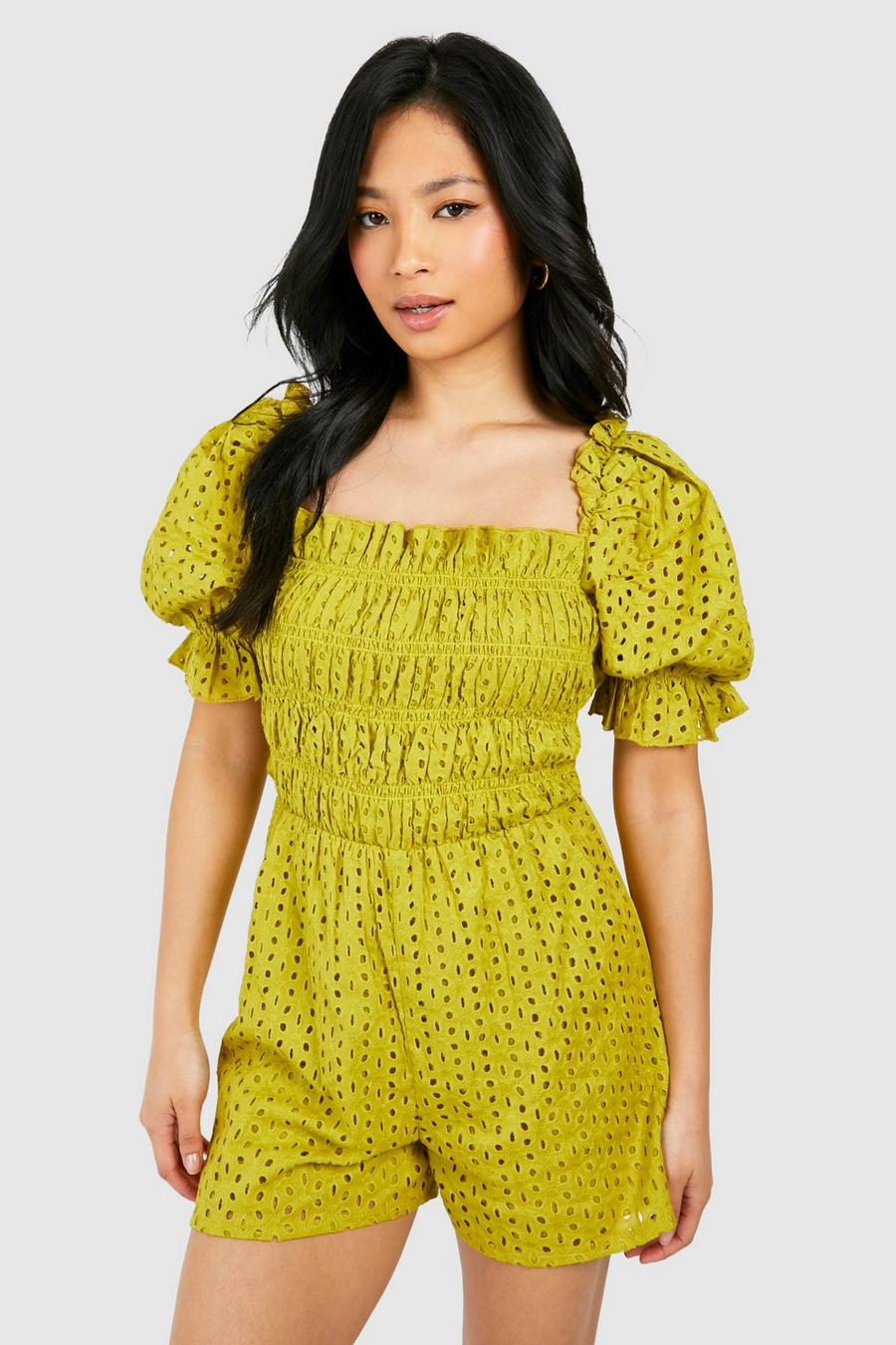 Olive Petite Broderie Puff Sleeve Playsuit image number 1