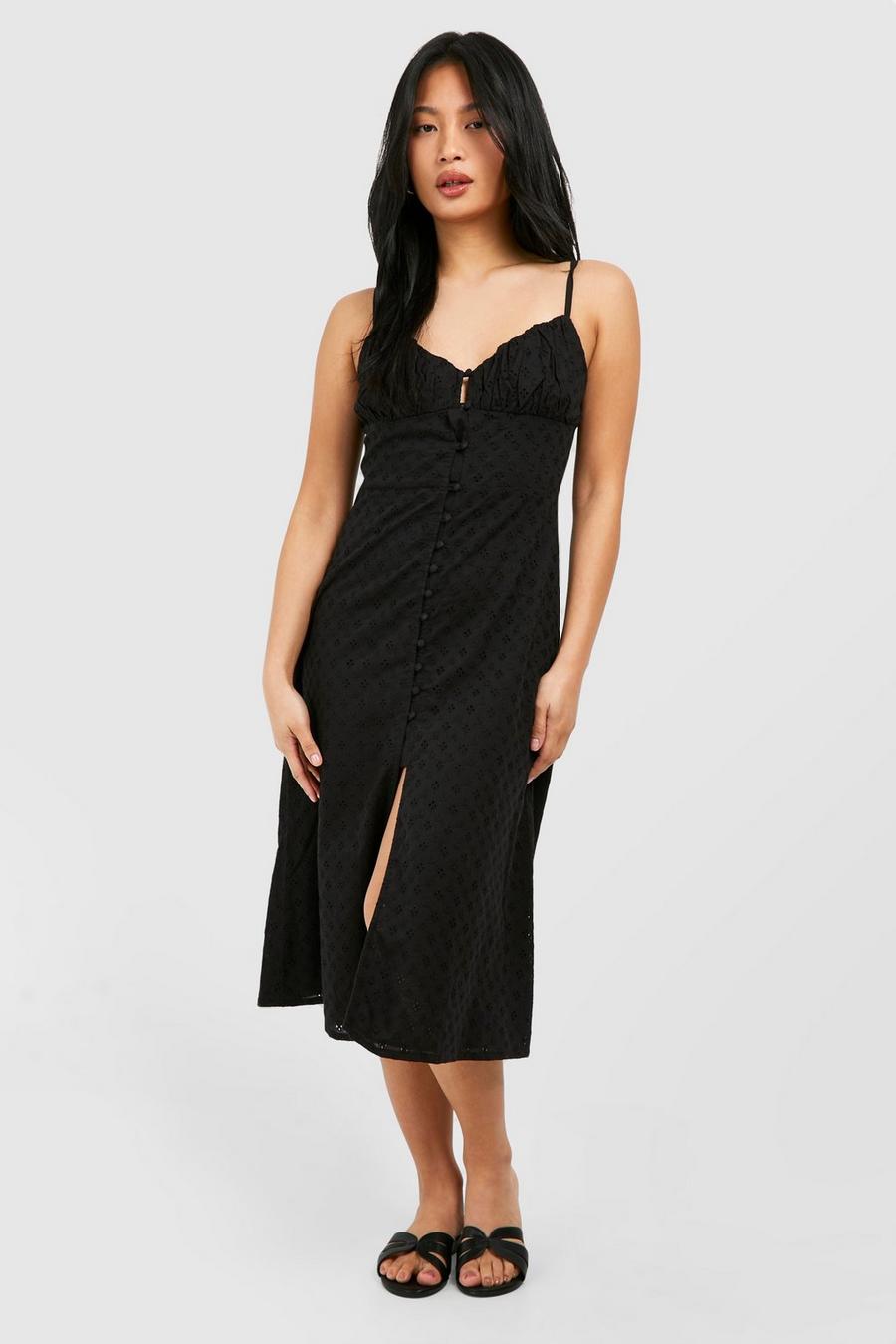 Black Petite Broderie Button Detail Midi Dress image number 1