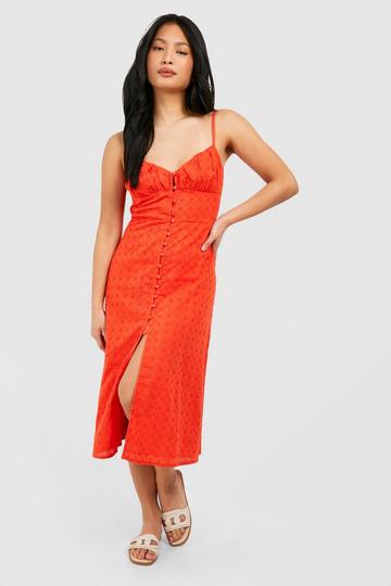 Red Petite Broderie Button Detail Midi Dress