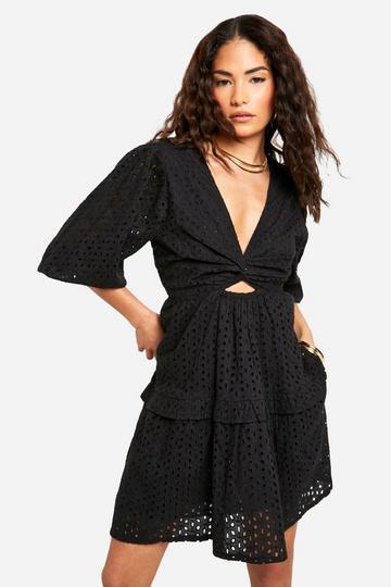 Black Petite Eyelet Puff Sleeve Mini Dress