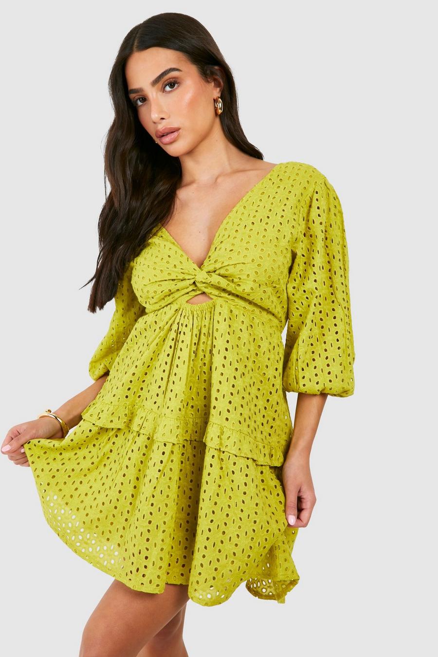 Petite - Robe courte en broderie anglaise à manches bouffantes, Olive