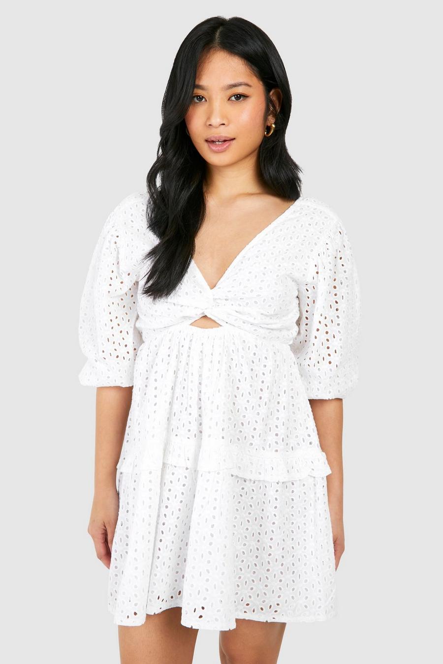 White Petite Broderie Puff Sleeve Mini Dress image number 1