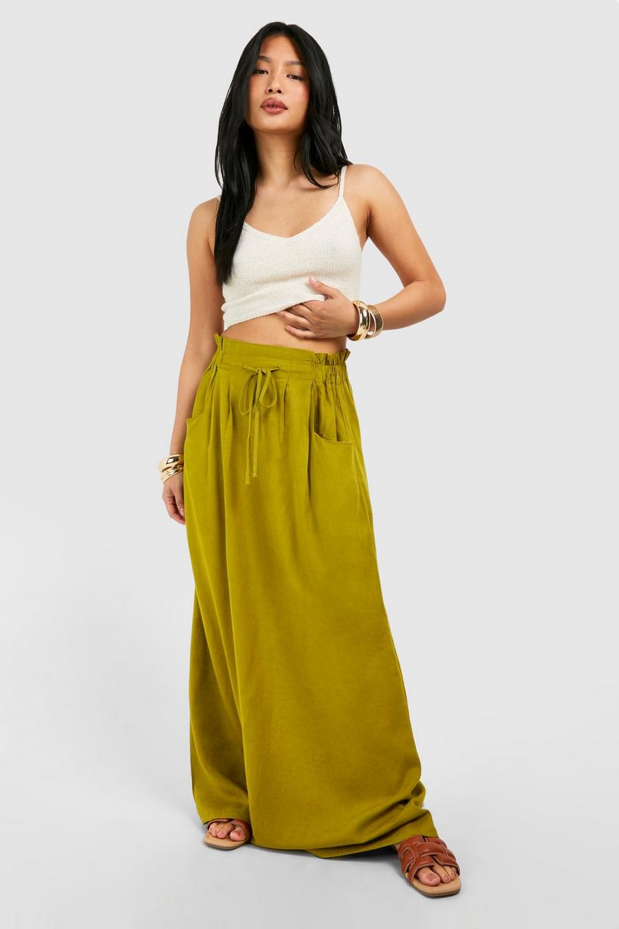 Petite Drawstring Maxi Skirt, Khaki
