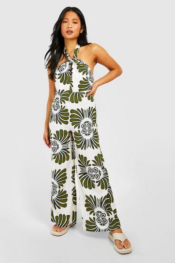 Green Petite Printed Twist Front Jumpsuit