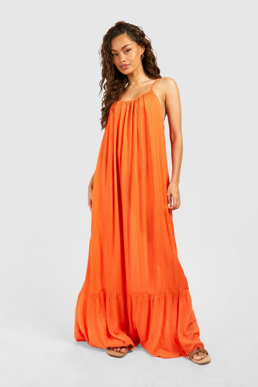 Orange Långklänning i muslin med smala axelband image number 1