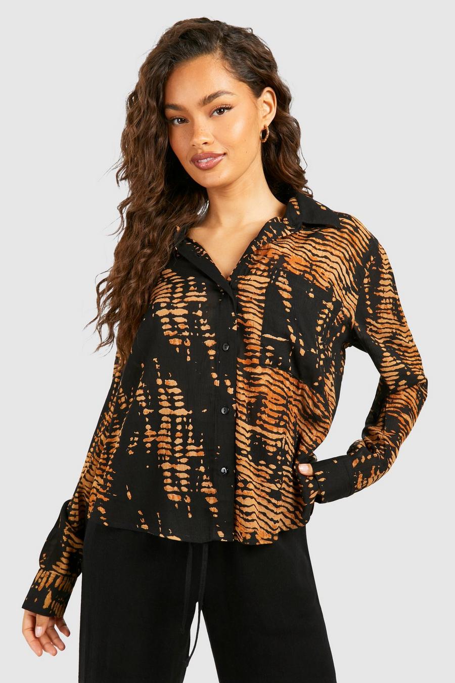 Brown Printed Long Sleeve Cheesecloth Shirt image number 1