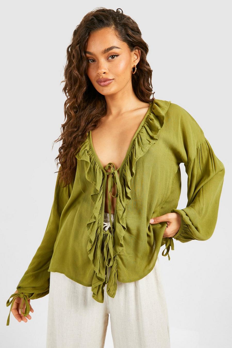 Olive Long Sleeve Ruffle Top image number 1