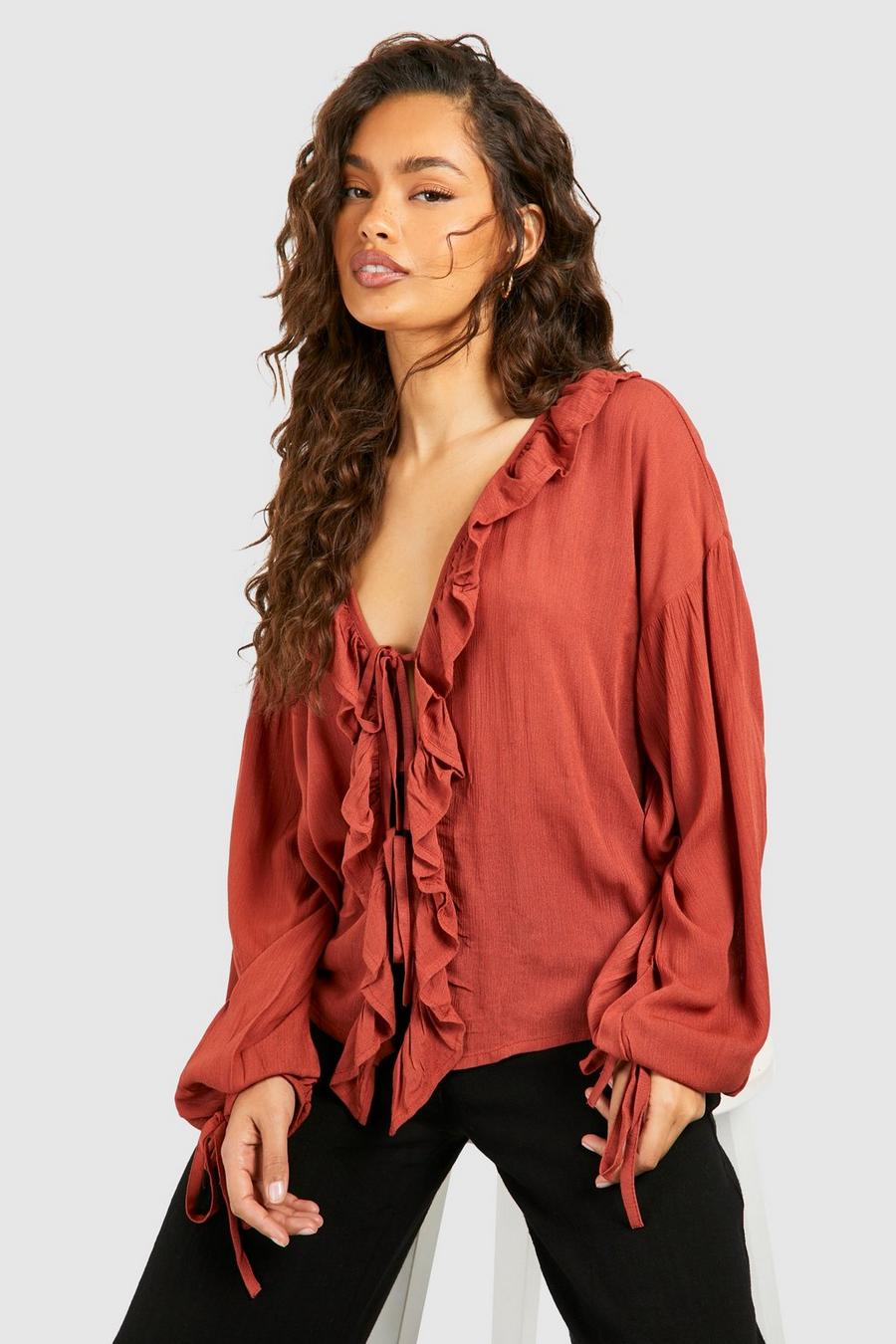 Terracotta Long Sleeve Ruffle Top image number 1