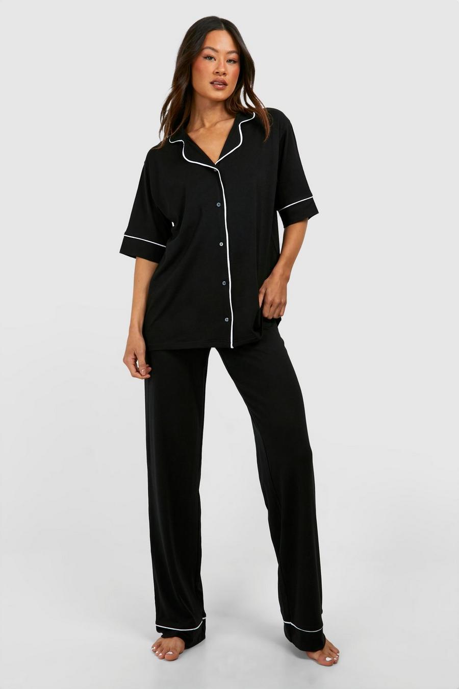 Black Tall Jersey Piping Trouser Pj Set image number 1