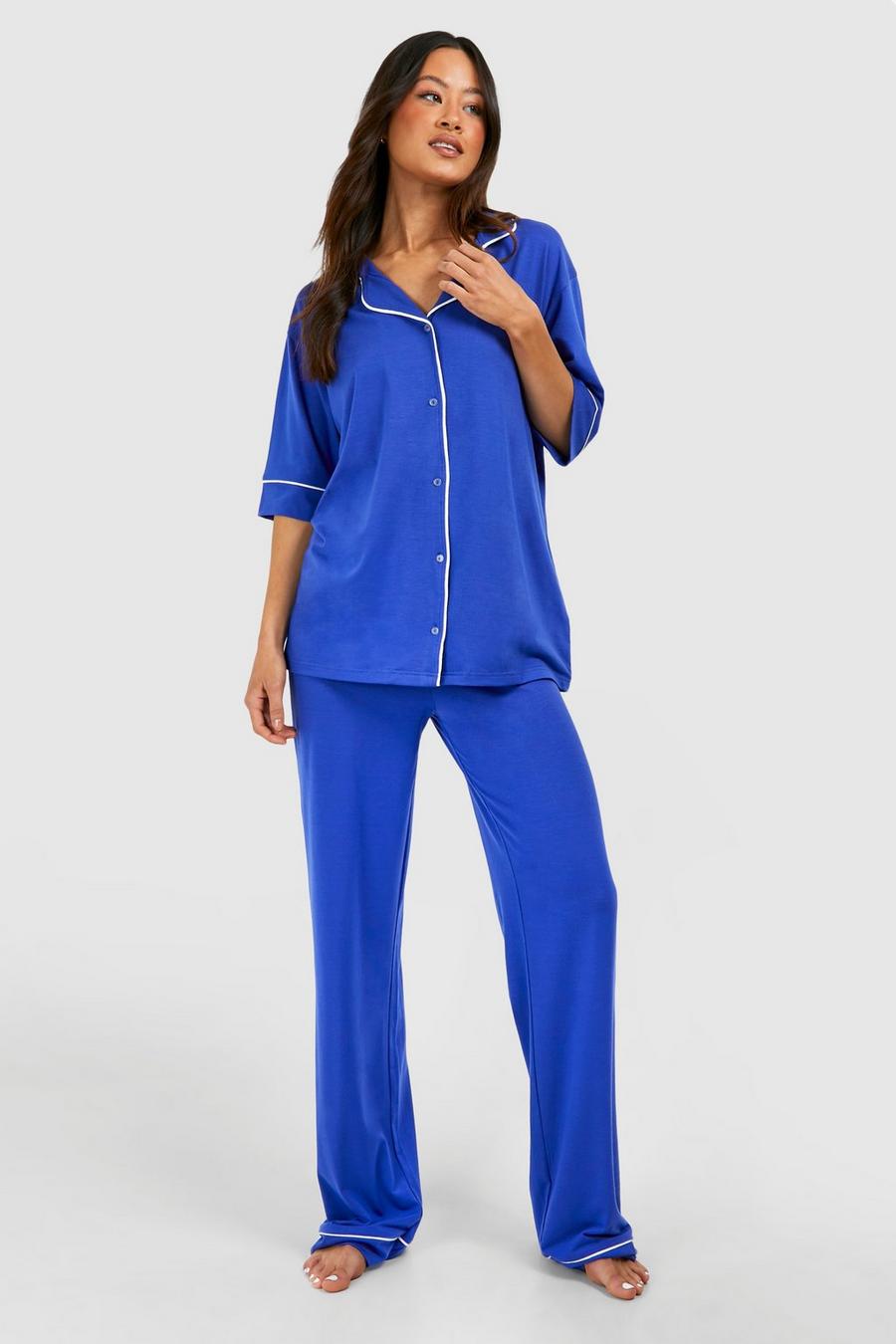 Moroccan blue Tall Jersey Knit Piping Pants Pj Set image number 1