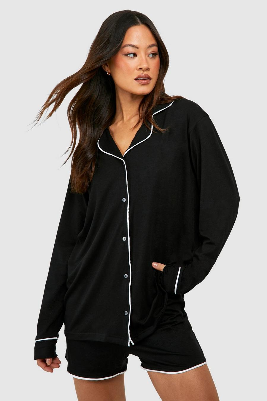 Pijama Tall de pantalón corto y tela jersey con ribete, Black image number 1